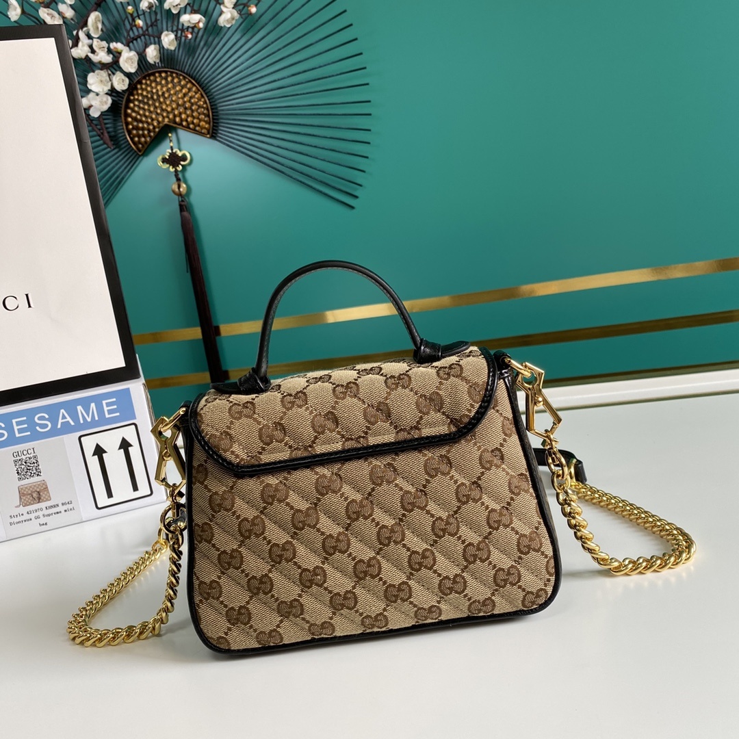 Gucci Ladies GG Canvas Marmont Mini Top Handle Bag Beige/Ebony Diagonal Matelassé Original GG Canvas 8.3in/21cm GG 583571 HVKEG 9772