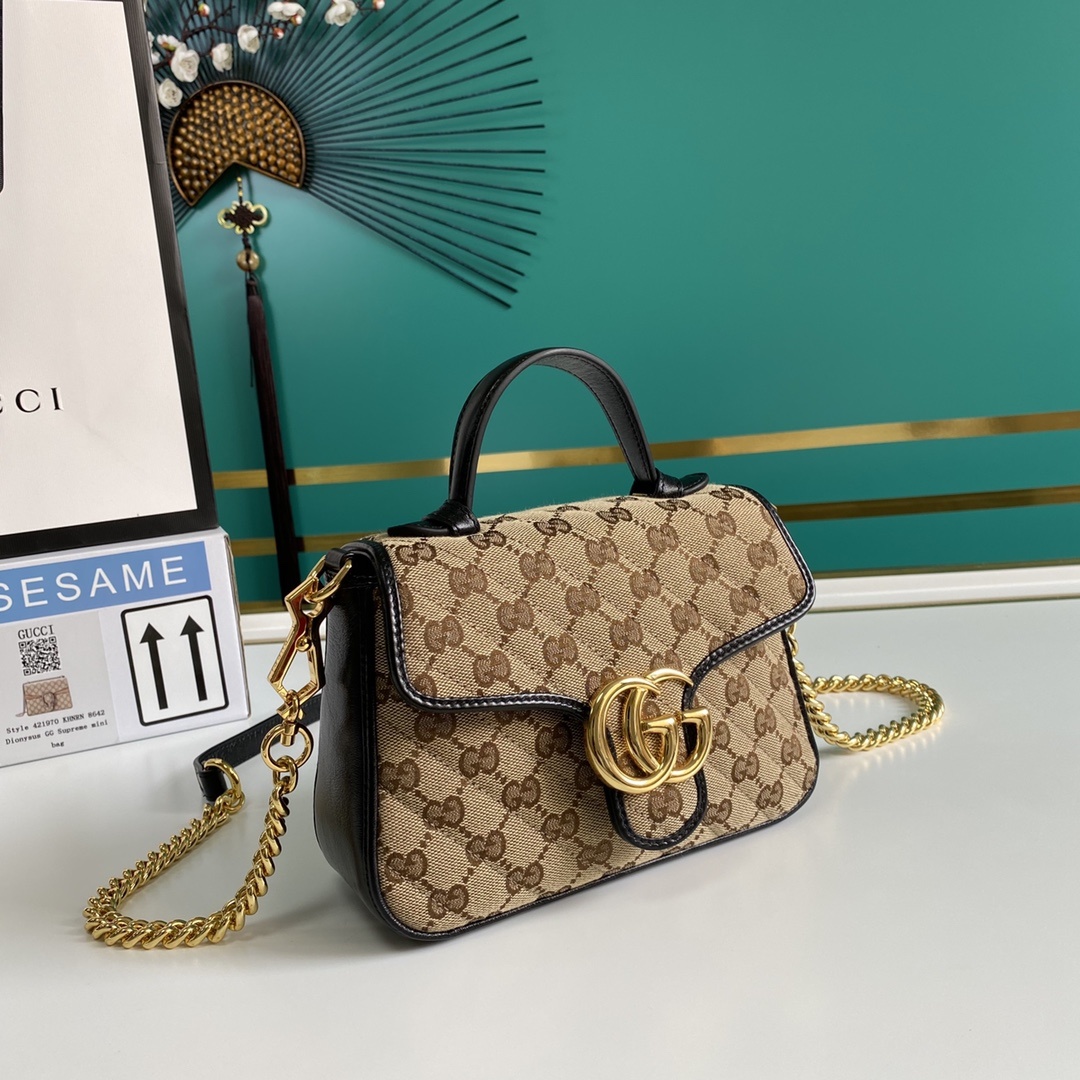 Gucci Ladies GG Canvas Marmont Mini Top Handle Bag Beige/Ebony Diagonal Matelassé Original GG Canvas 8.3in/21cm GG 583571 HVKEG 9772