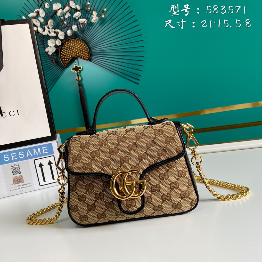 Gucci Ladies GG Canvas Marmont Mini Top Handle Bag Beige/Ebony Diagonal Matelassé Original GG Canvas 8.3in/21cm GG 583571 HVKEG 9772