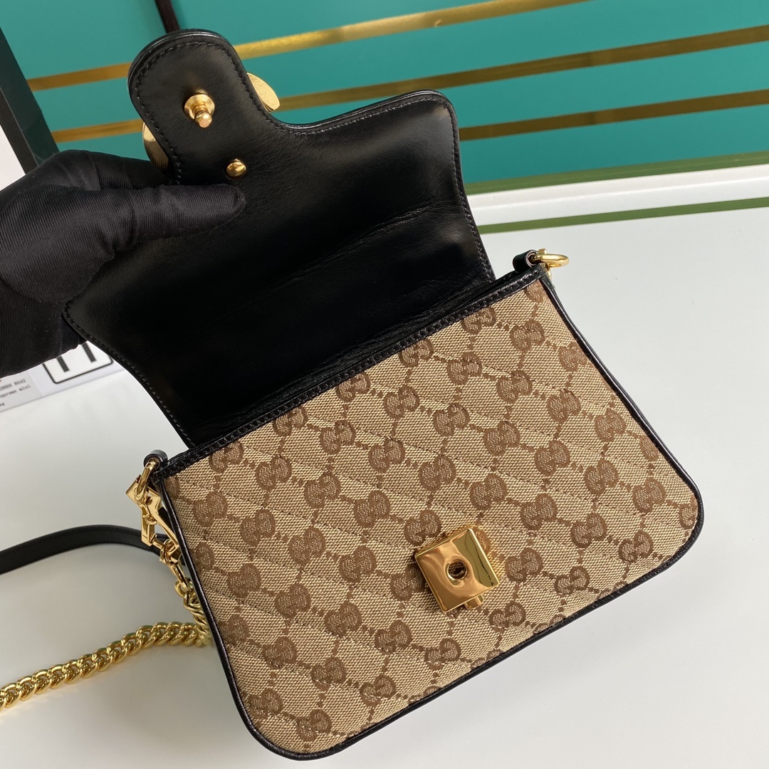 Gucci Ladies GG Canvas Marmont Mini Top Handle Bag Beige/Ebony Diagonal Matelassé Original GG Canvas 8.3in/21cm GG 583571 HVKEG 9772