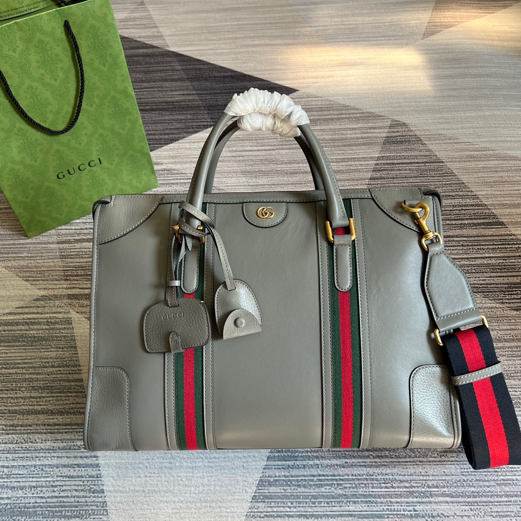 Gucci Large Bauletto Top Handle Bag With Double G Grey/Brown For Men 15.7in/40cm