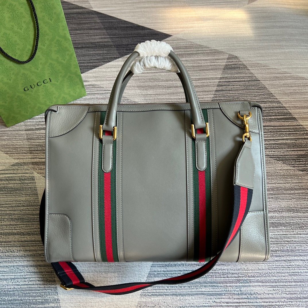 Gucci Large Bauletto Top Handle Bag With Double G Grey/Brown For Men 15.7in/40cm