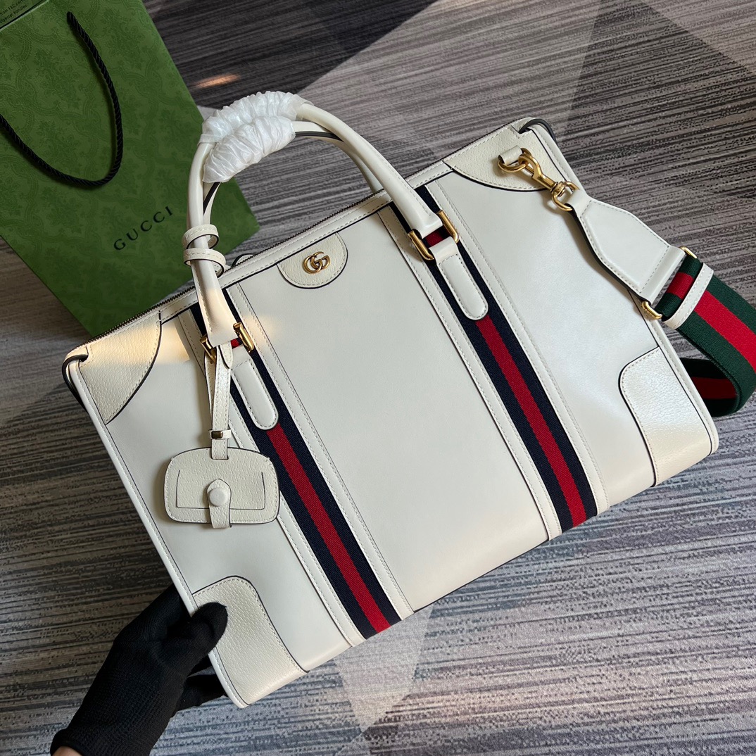 Gucci Large Bauletto Top Handle Bag With Double G White/Brown For Men 15.7in/40cm