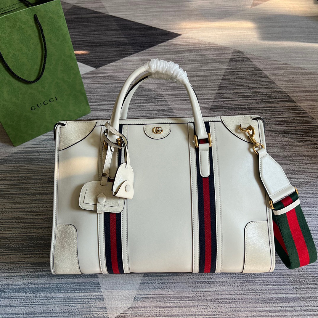 Gucci Large Bauletto Top Handle Bag With Double G White/Brown For Men 15.7in/40cm