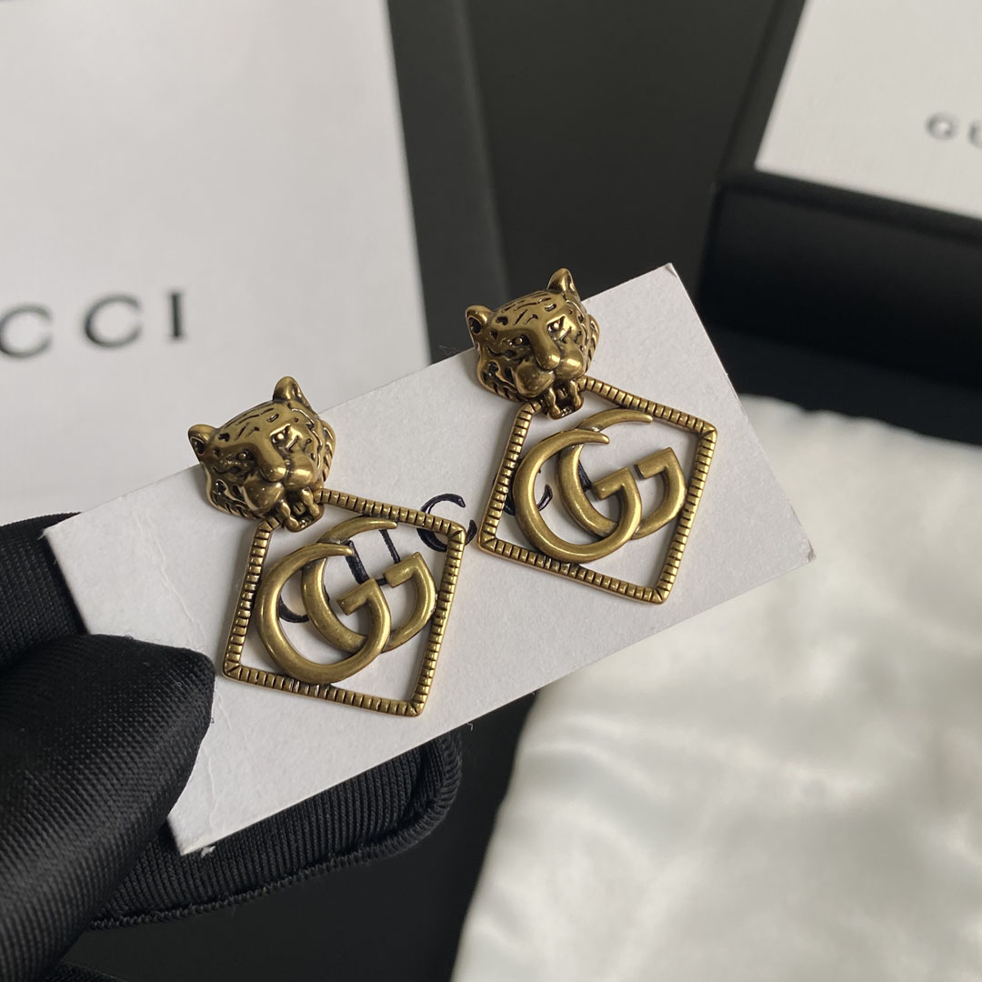 Gucci Leopard Rhombus Earrings Gold Tone For Women