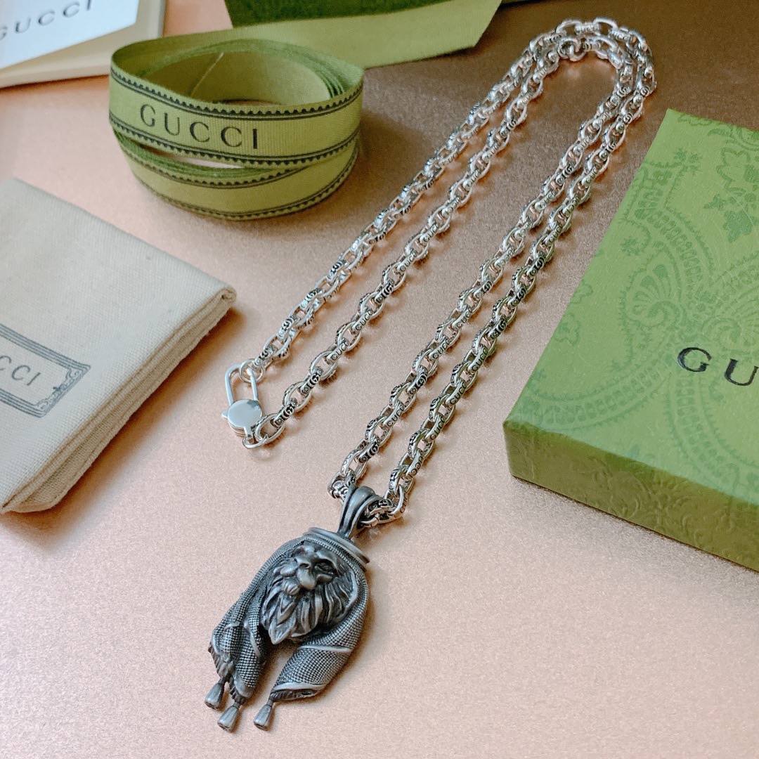 Gucci Lion Head Necklace Silver Tone For Women