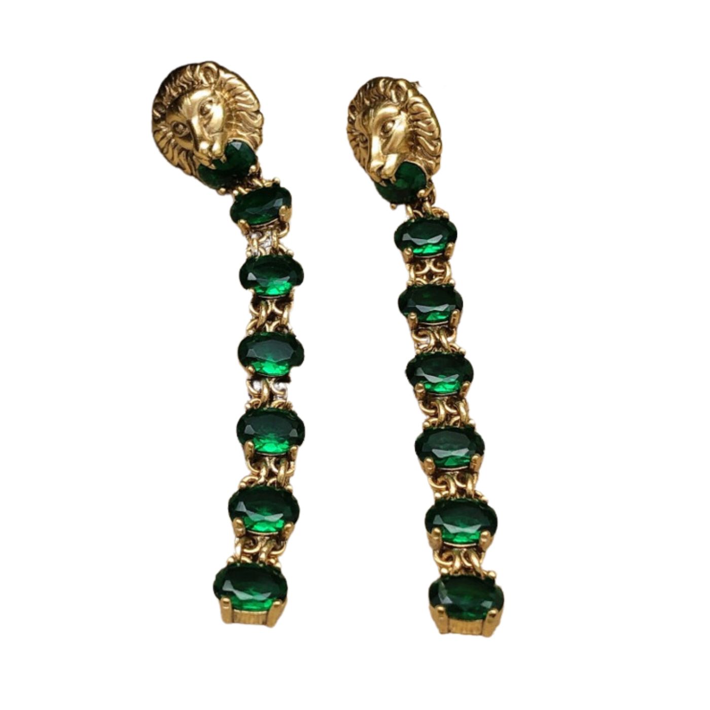 Gucci Lion Head Tassel Earrings Green For Women