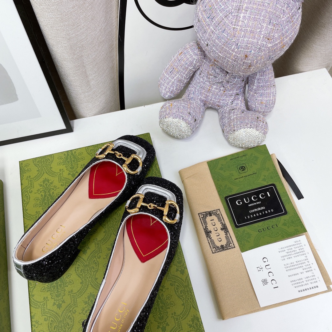 Gucci Lovelight Crystal Ballet Flat With Horsebit Black For Women GG