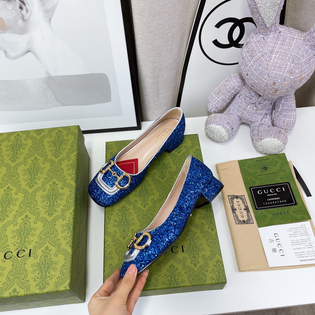 Gucci Lovelight Crystal Ballet Flat With Horsebit Blue For Women GG