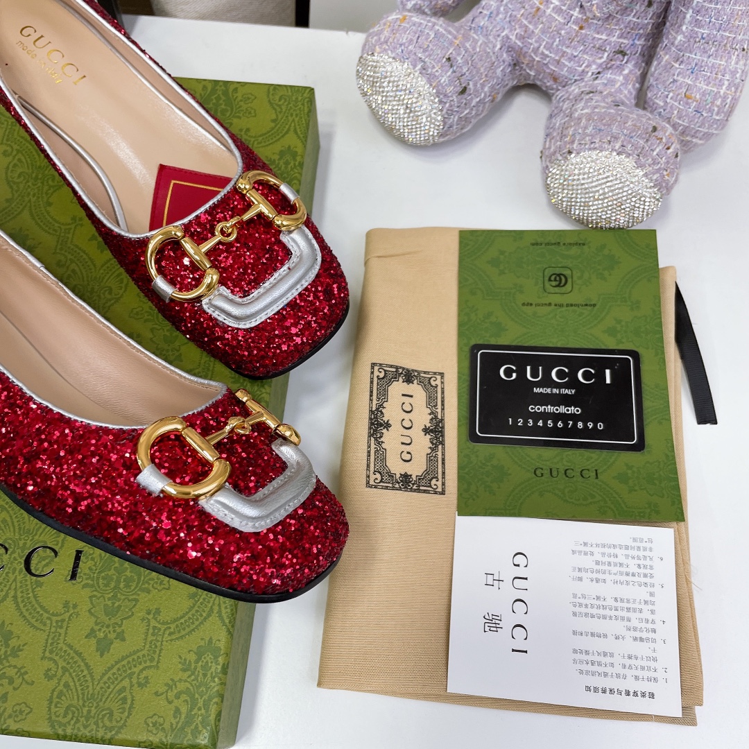 Gucci Lovelight Crystal Ballet Flat With Horsebit Red For Women GG
