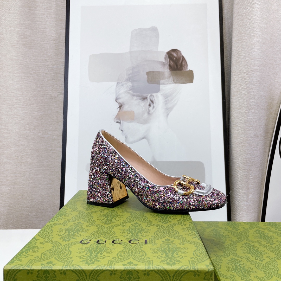 Gucci Lovelight Mid-Heel Crystal Ballet Flat With Horsebit Multicolor For Women GG
