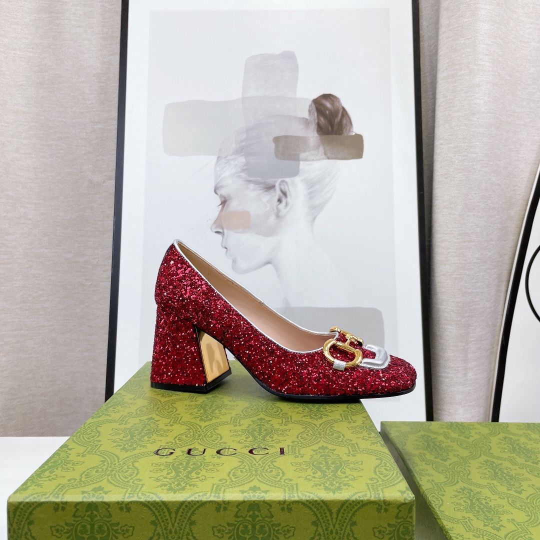 Gucci Lovelight Mid-Heel Crystal Ballet Flat With Horsebit Red For Women GG