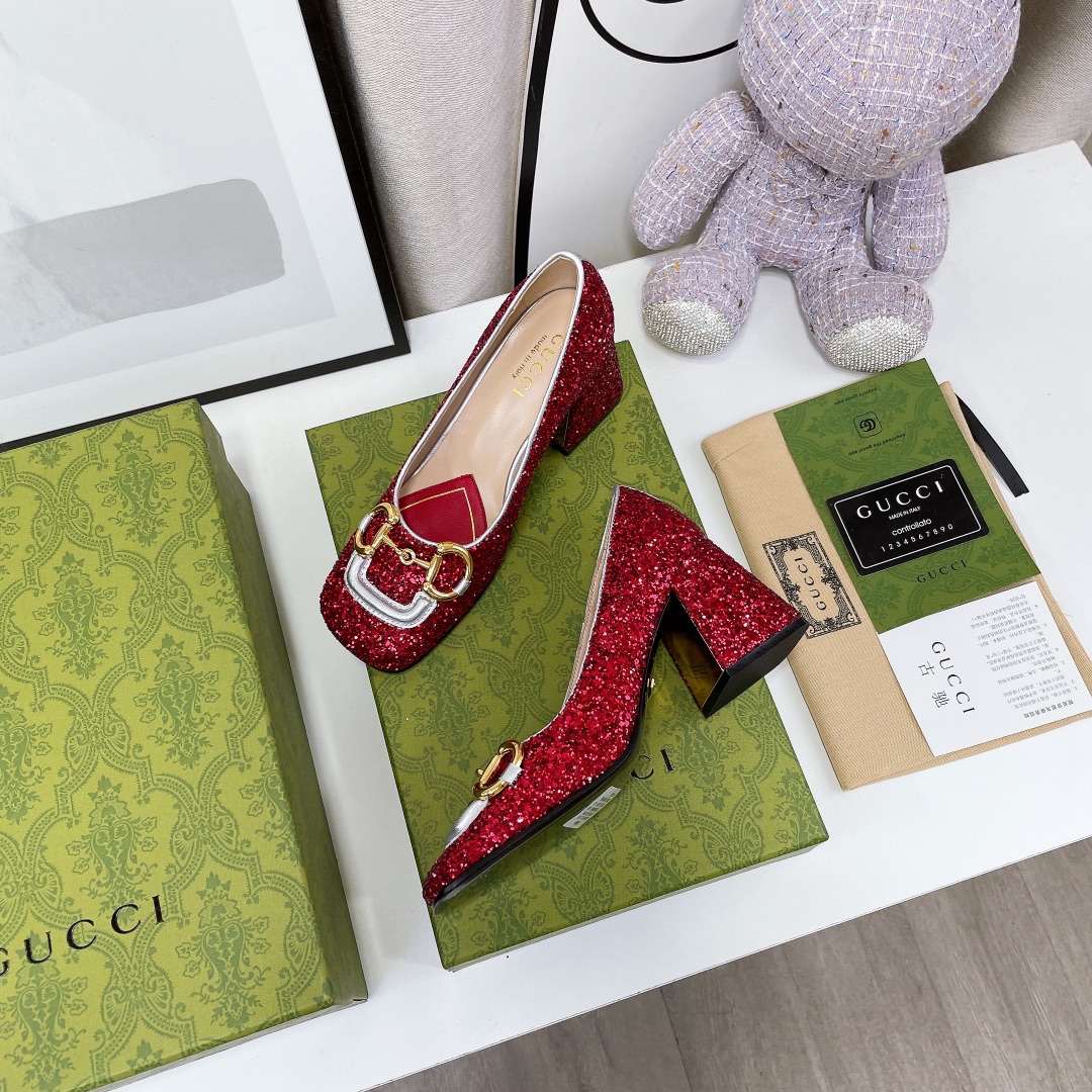 Gucci Lovelight Mid-Heel Crystal Ballet Flat With Horsebit Red For Women GG