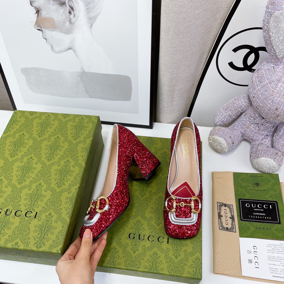 Gucci Lovelight Mid-Heel Crystal Ballet Flat With Horsebit Red For Women GG