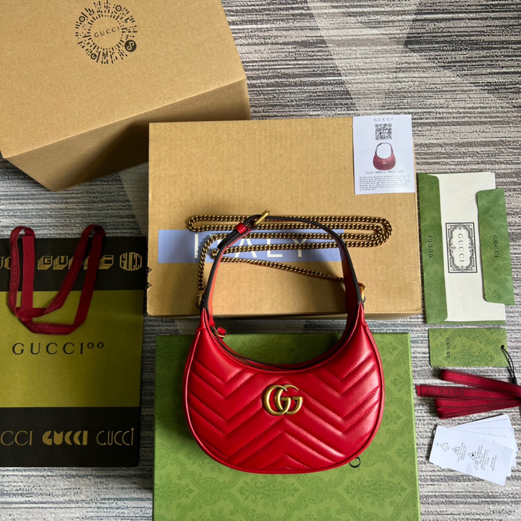 Gucci Marmont Half Moon Shaped Mini Bag Red For Women, Women’s Bags 8.5in/22cm GG