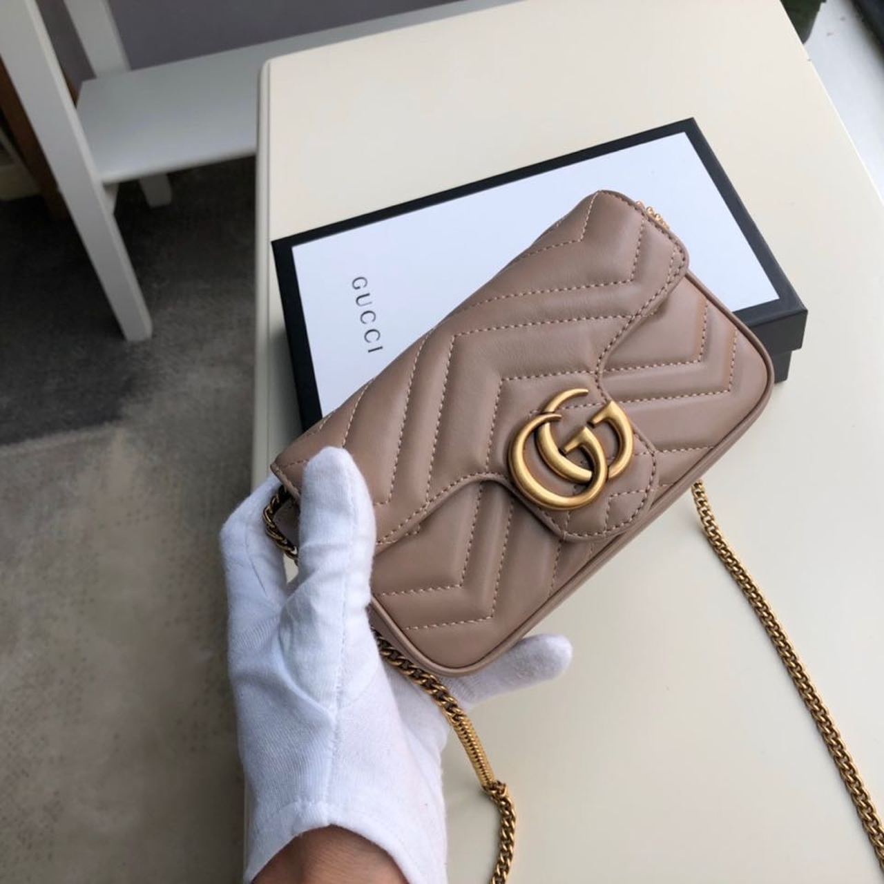 Gucci Marmont Matelassé Super Mini Bag Beige Matelassé Chevron For Women 6.2in/16.5cm GG