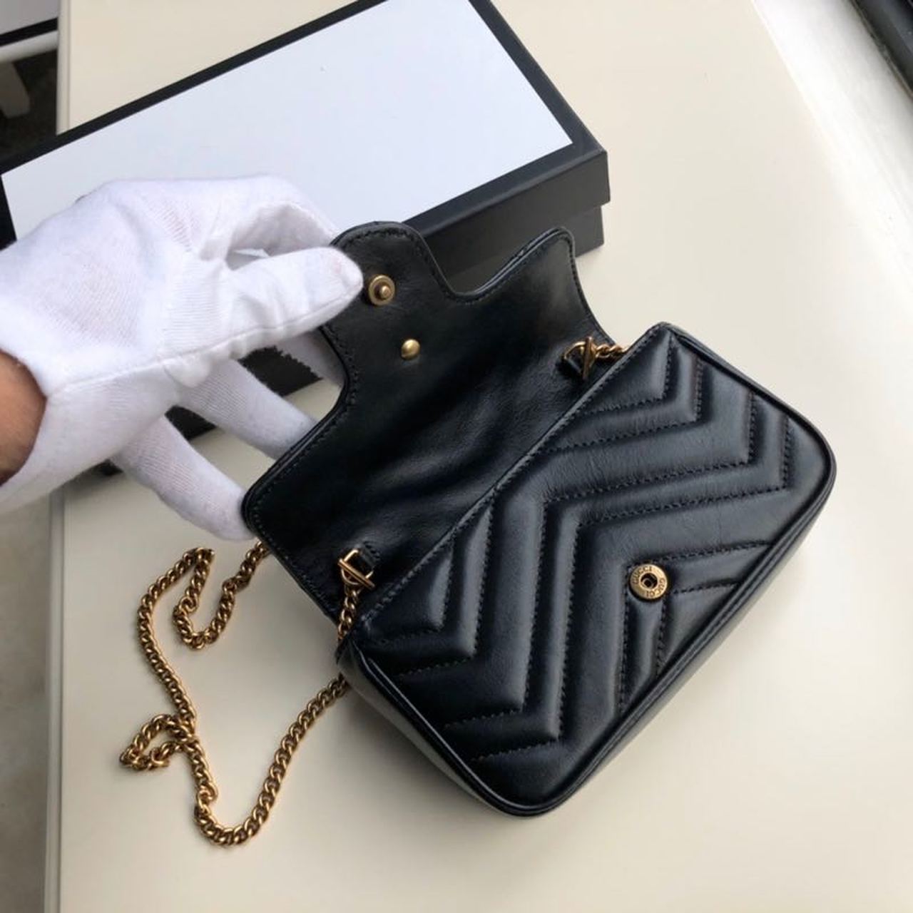 Gucci Marmont Matelassé Super Mini Bag Dusty Black Chevron For Women 6.2in/16.5cm 476433 DTDCT 1000