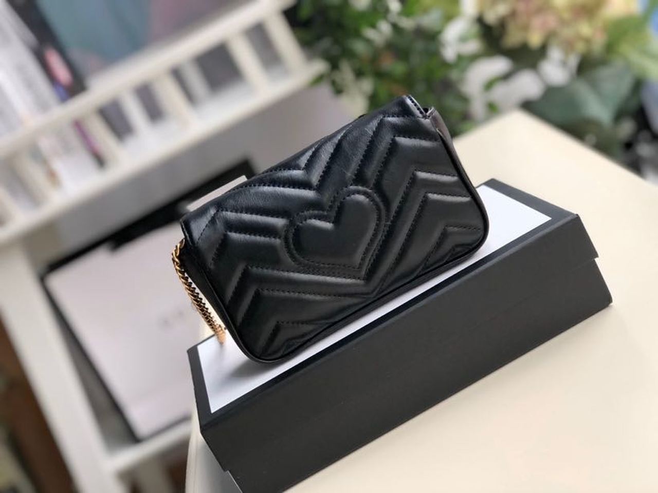 Gucci Marmont Matelassé Super Mini Bag Dusty Black Chevron For Women 6.2in/16.5cm 476433 DTDCT 1000