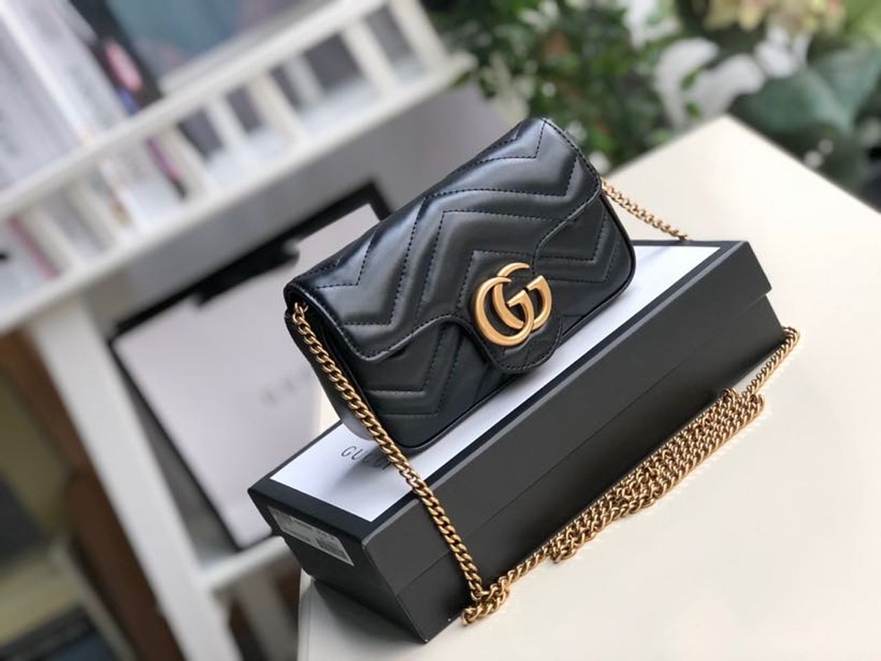 Gucci Marmont Matelassé Super Mini Bag Dusty Black Chevron For Women 6.2in/16.5cm 476433 DTDCT 1000