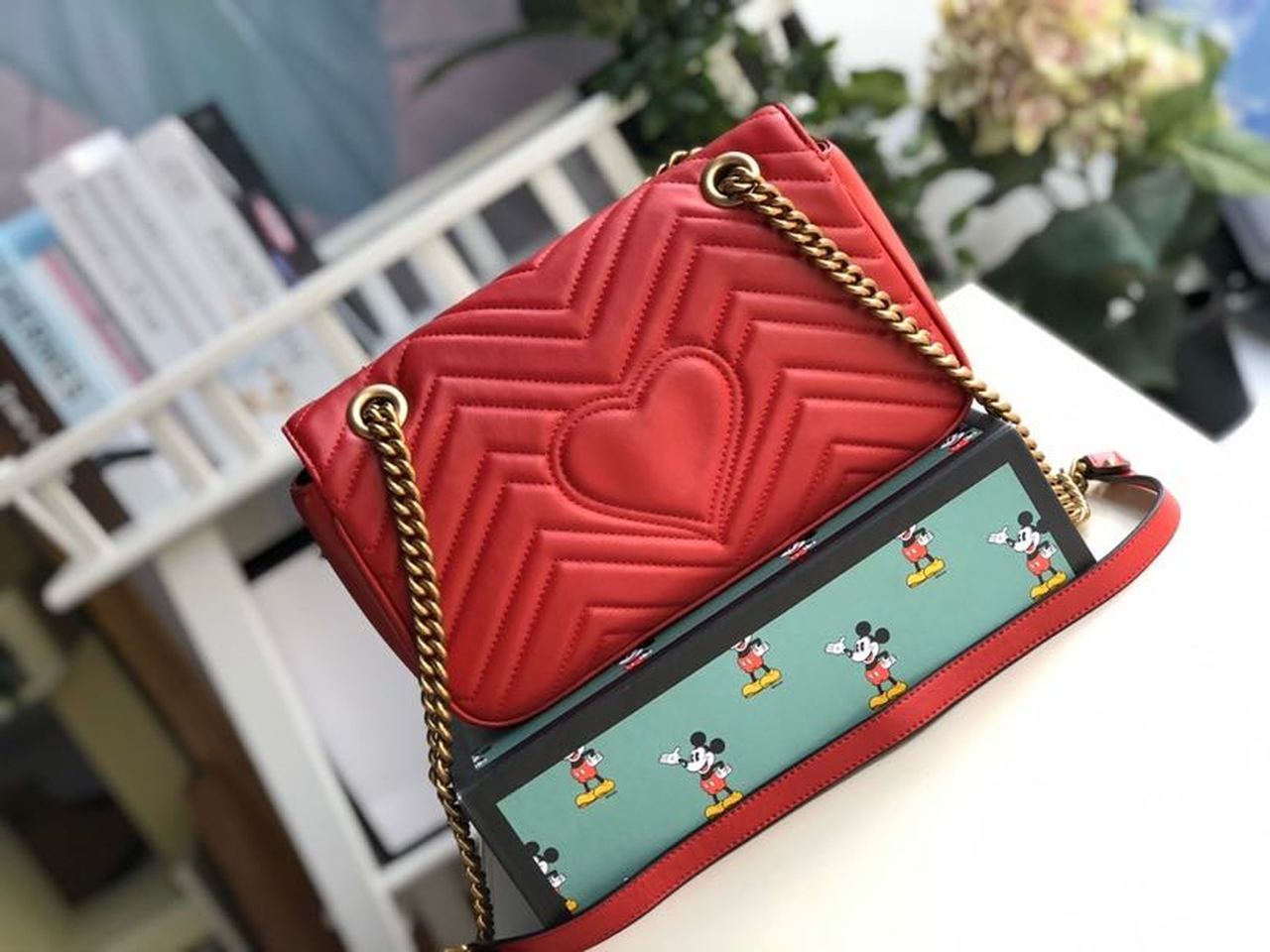 Gucci Marmont Small Matelassé Shoulder Bag Hibiscus Red Matelassé Chevron For Women 10in/26cm  GG 443497 DTDIT 6433