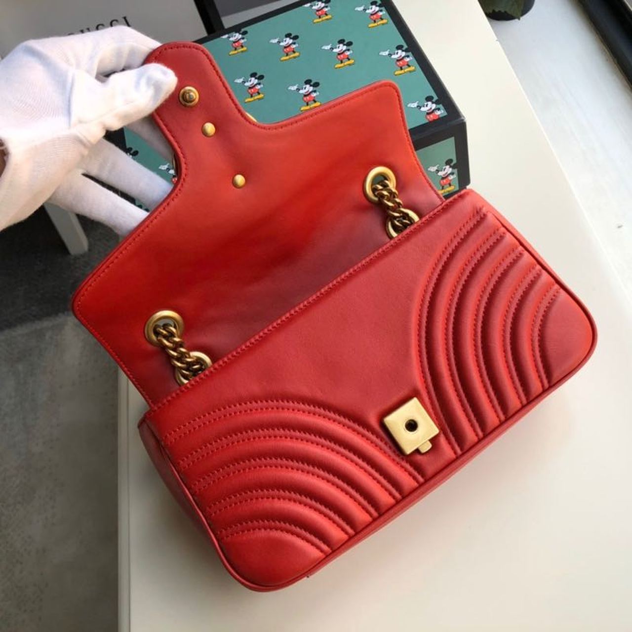 Gucci Marmont Small Matelassé Shoulder Bag Hibiscus Red Matelassé Chevron For Women 10in/26cm  GG 443497 DTDIT 6433