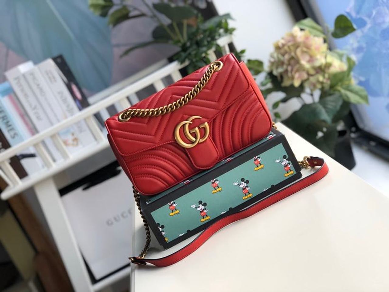 Gucci Marmont Small Matelassé Shoulder Bag Hibiscus Red Matelassé Chevron For Women 10in/26cm  GG 443497 DTDIT 6433