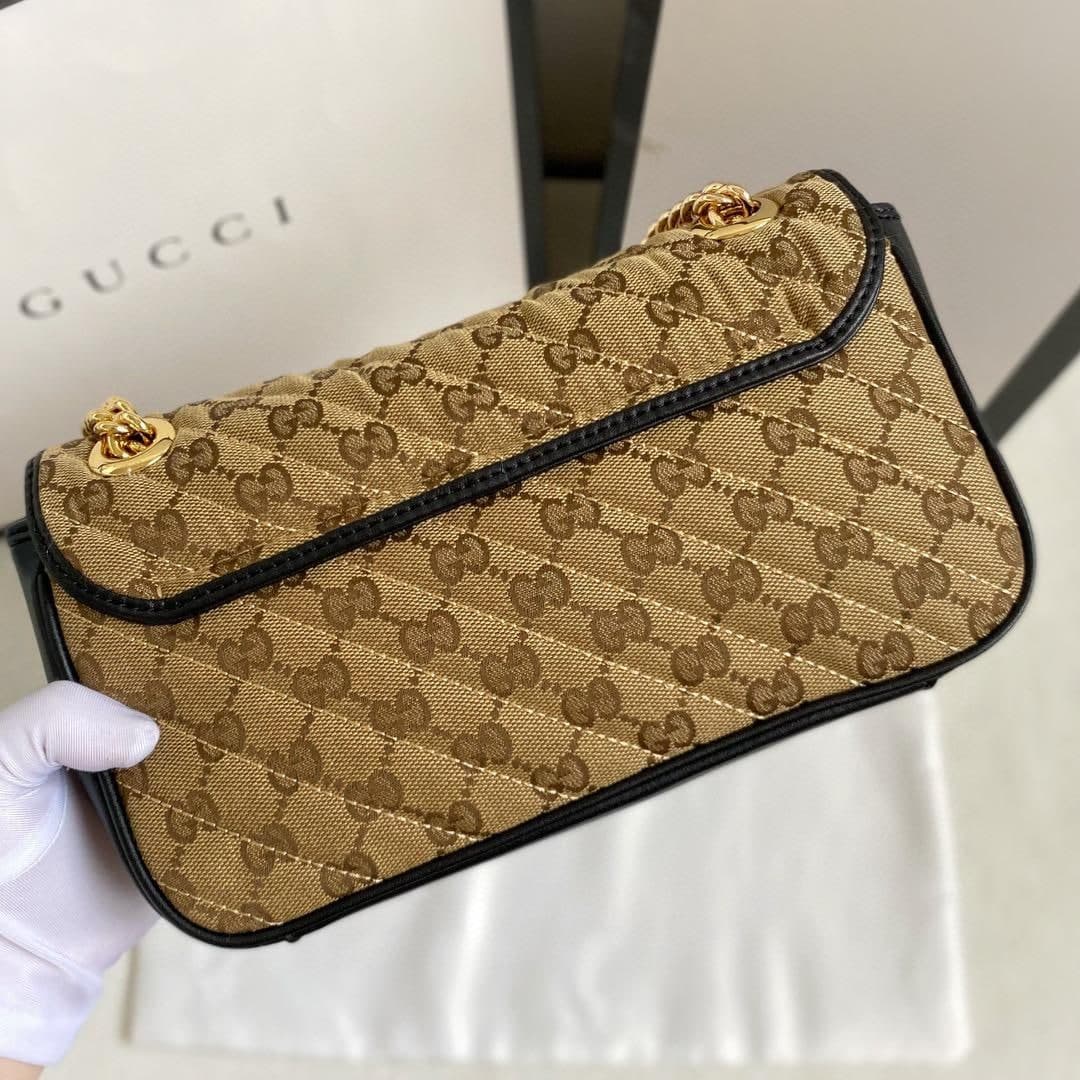 Gucci Marmont Small Shoulder Bag Beige/Ebony Diagonal Matelassé Original GG Canvas For Women 10in/26cm 443497 HVKEG 9772