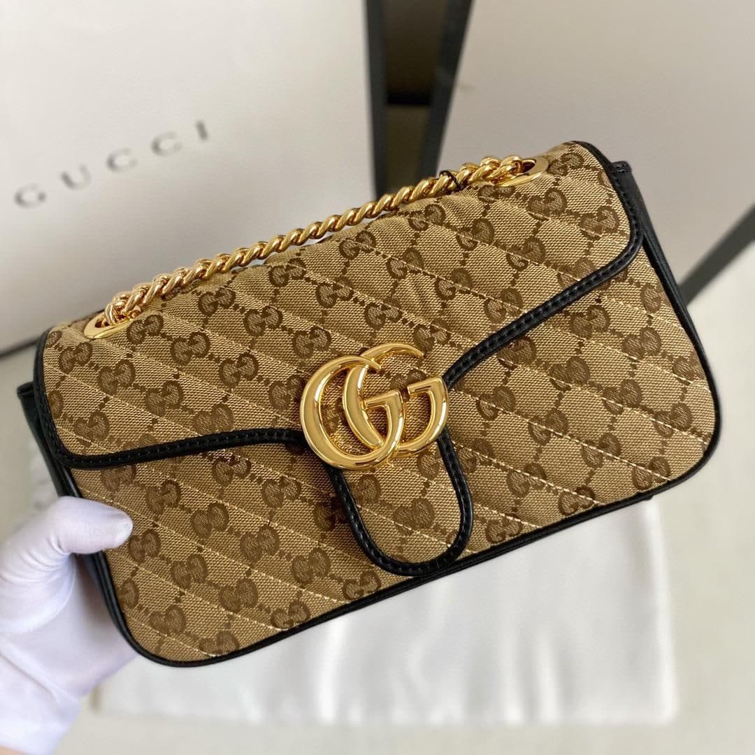 Gucci Marmont Small Shoulder Bag Beige/Ebony Diagonal Matelassé Original GG Canvas For Women 10in/26cm 443497 HVKEG 9772