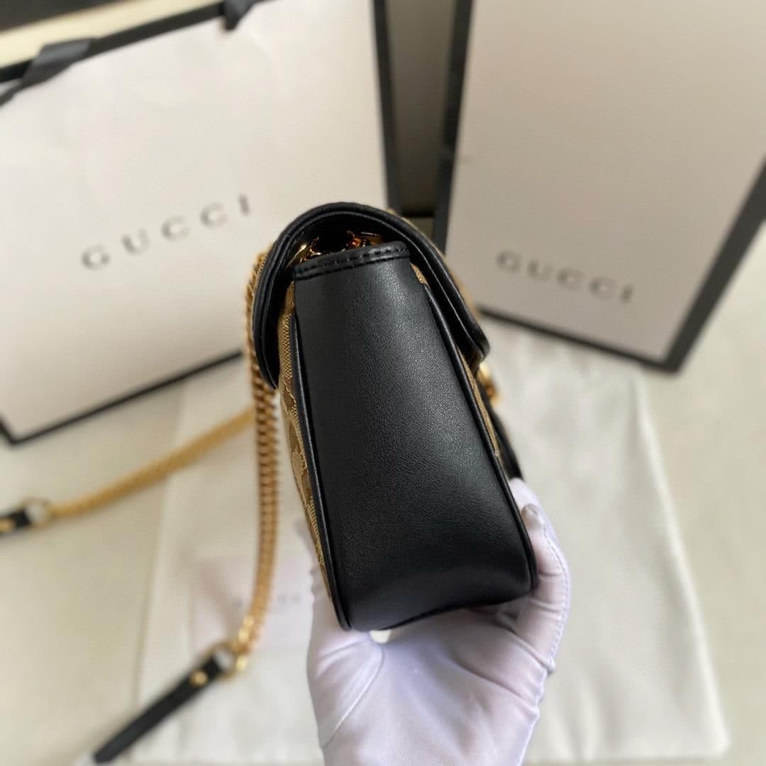 Gucci Marmont Small Shoulder Bag Beige/Ebony Diagonal Matelassé Original GG Canvas For Women 10in/26cm 443497 HVKEG 9772