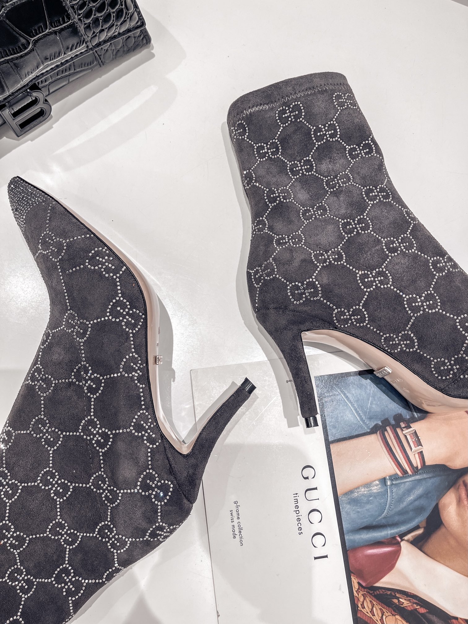 Gucci Mid Heel Ankle Boot Black For Women GG