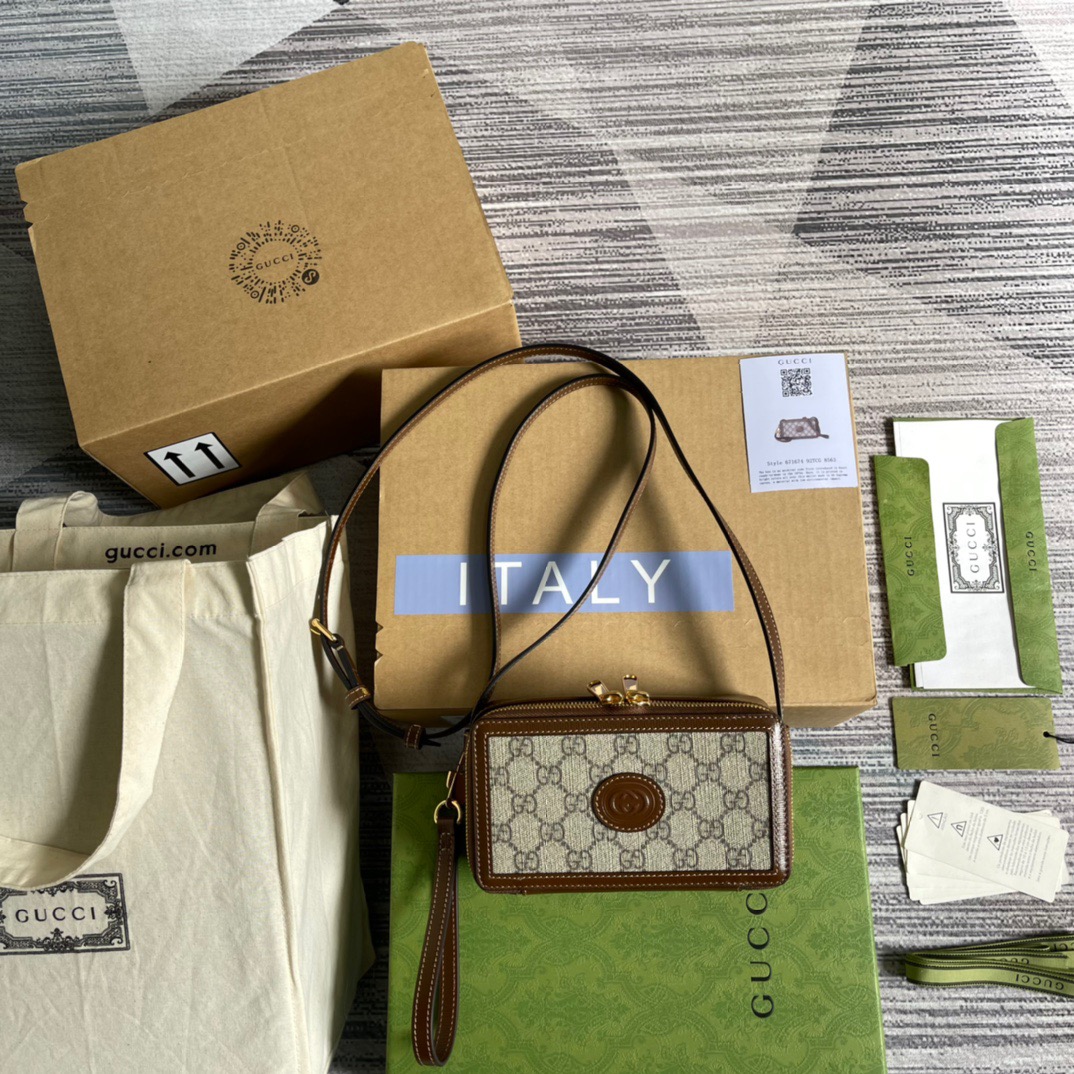 Gucci Mini Bag With Interlocking G Beige And Ebony GG Supreme Canvas And Brown For Women 9in/23cm GG