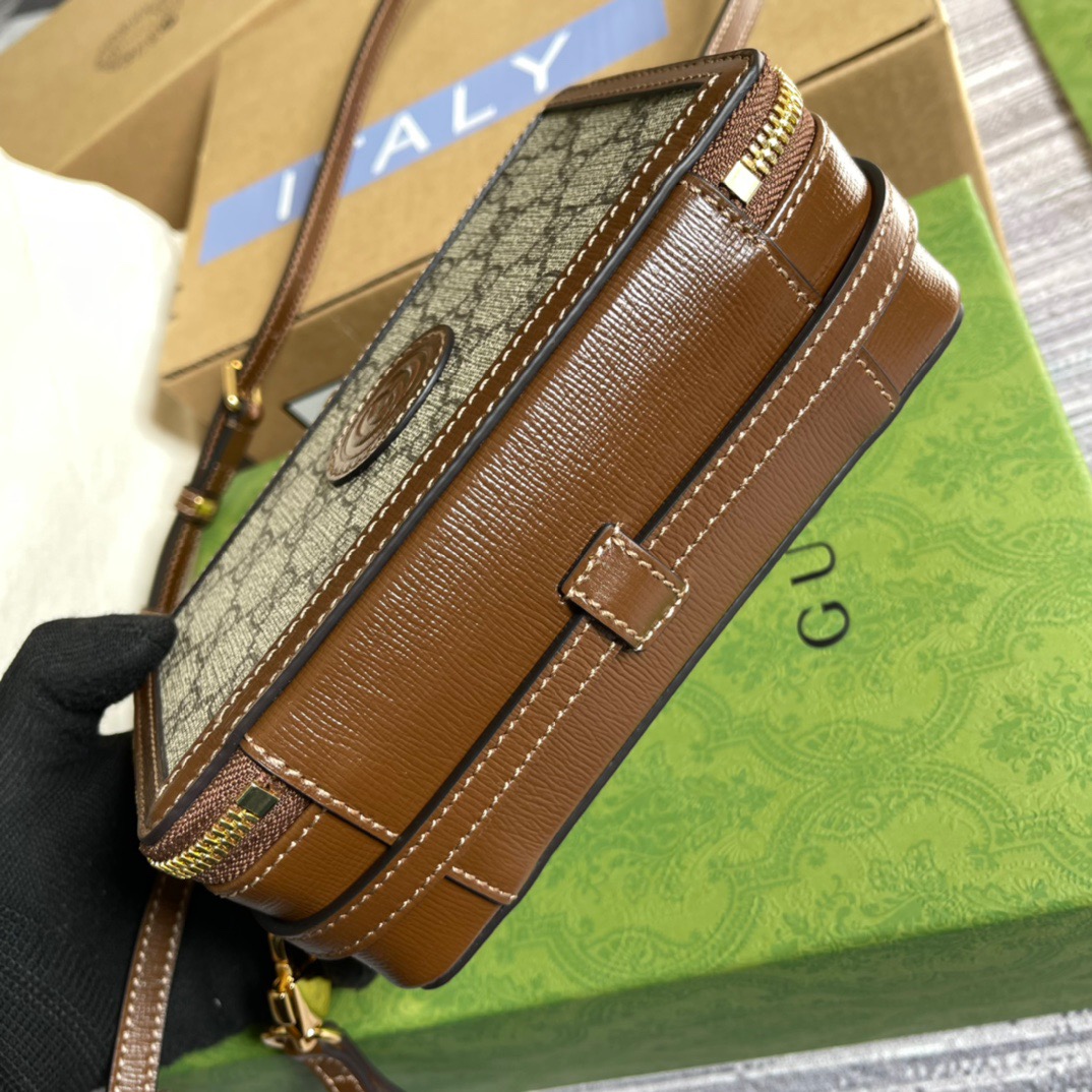 Gucci Mini Bag With Interlocking G Beige And Ebony GG Supreme Canvas And Brown For Women 9in/23cm GG