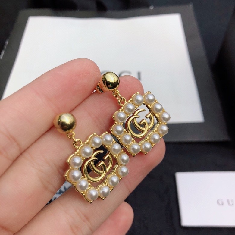 Gucci Mini Pearl Border Frame Earrings Gold Tone For Women