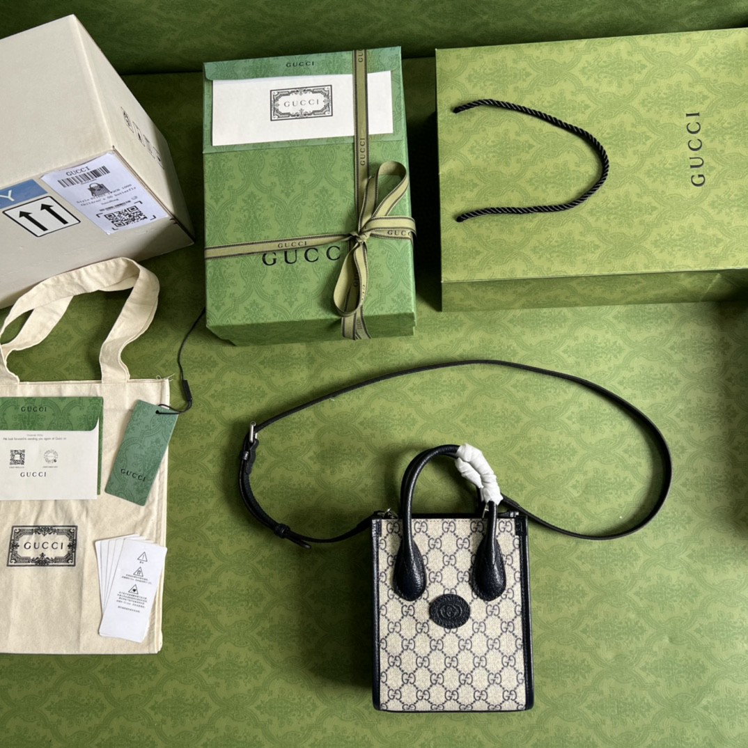 Gucci Mini Tote Bag With Interlocking G Beige And Blue GG Supreme Canvas For Women 7.8in/20cm 671623GSN 4075