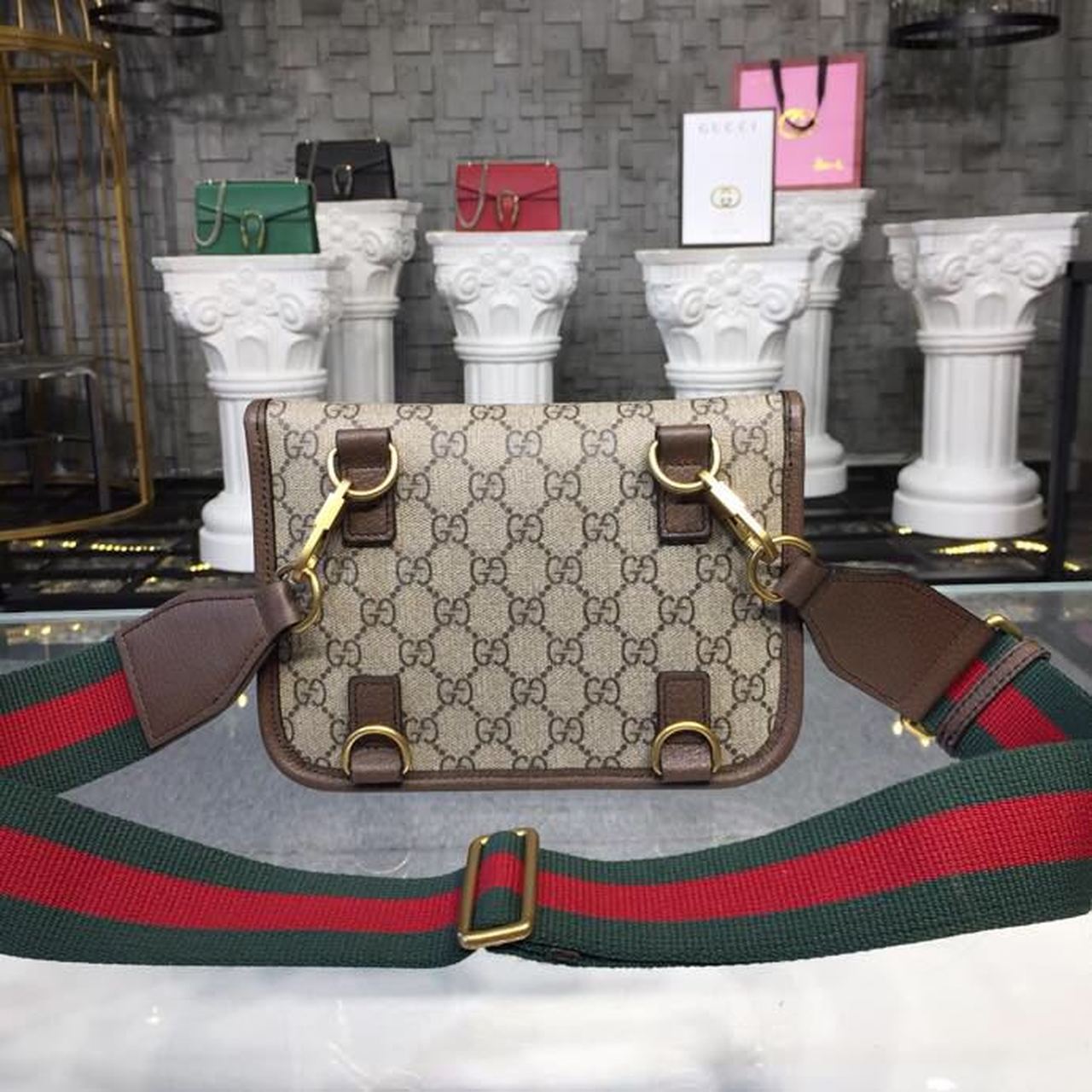 Gucci Neo Vintage Small Messenger Bag Beige/Ebony GG Supreme Canvas With Brown For Women 8.5in/22cm GG 501050 9C2VT 8745