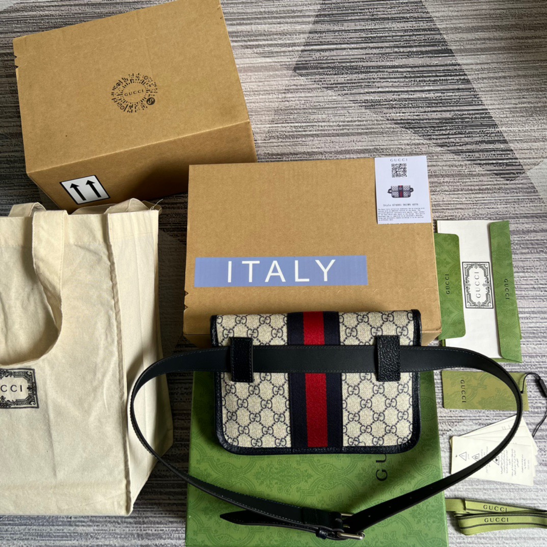 Gucci Ophidia Belt Bag Beige And Blue GG Supreme Canvas For Men  8.7in/22cm GG 674081 96IWN 4076