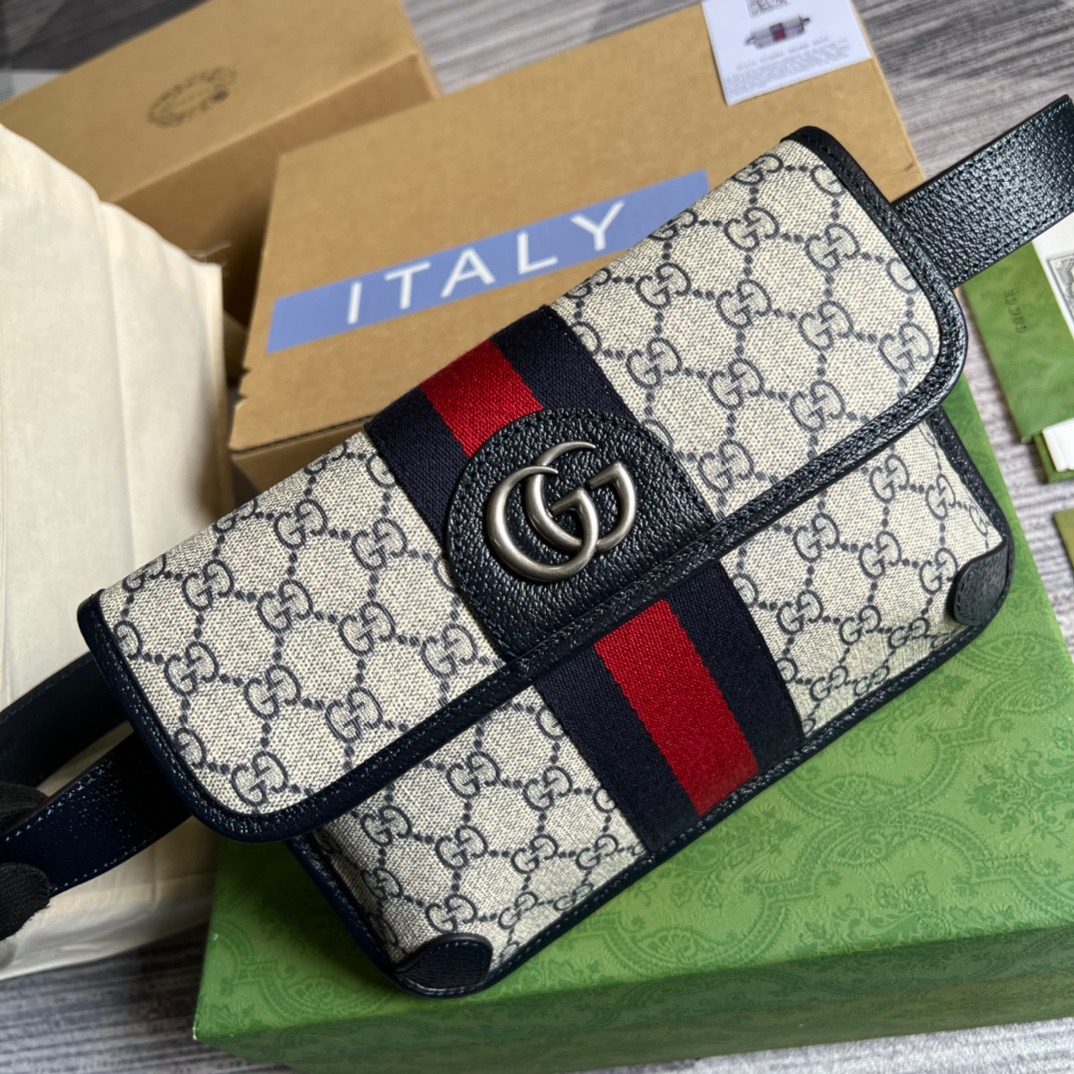 Gucci Ophidia Belt Bag Beige And Blue GG Supreme Canvas For Men  8.7in/22cm GG 674081 96IWN 4076
