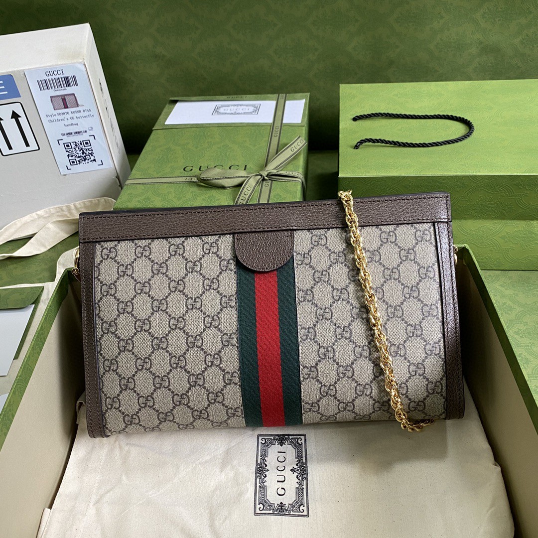 Gucci Ophidia GG Medium Shoulder Bag Beige/Ebony GG Supreme Canvas Green And Red Web For Women 13in/32.5cm