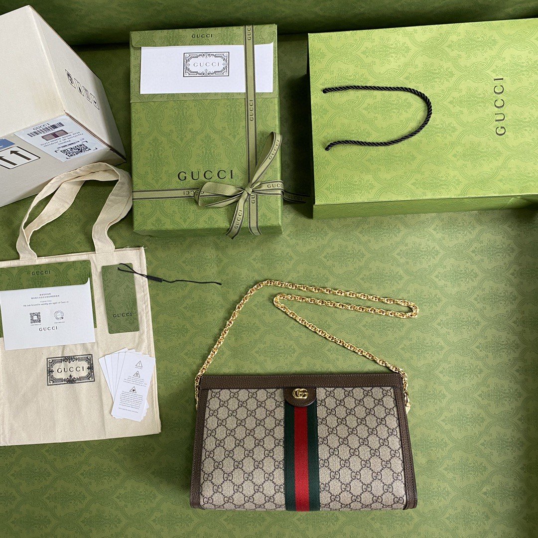 Gucci Ophidia GG Medium Shoulder Bag Beige/Ebony GG Supreme Canvas Green And Red Web For Women 13in/32.5cm