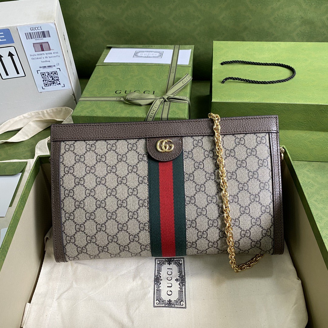 Gucci Ophidia GG Medium Shoulder Bag Beige/Ebony GG Supreme Canvas Green And Red Web For Women 13in/32.5cm