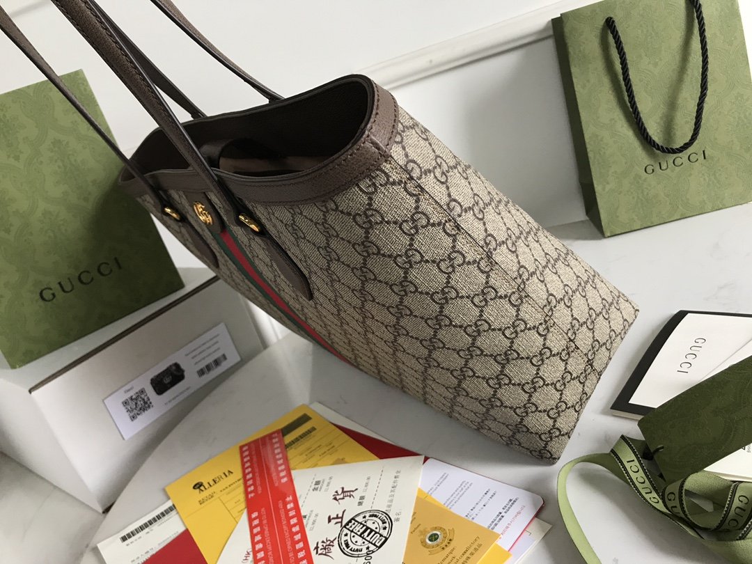 Gucci Ophidia GG Medium Tote Bag Beige/Ebony GG Supreme Canvas And Brown For Women 15in/38cm 631685 96IWB 8745