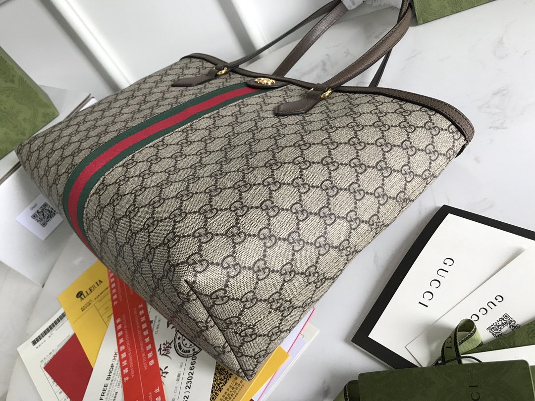 Gucci Ophidia GG Medium Tote Bag Beige/Ebony GG Supreme Canvas And Brown For Women 15in/38cm 631685 96IWB 8745
