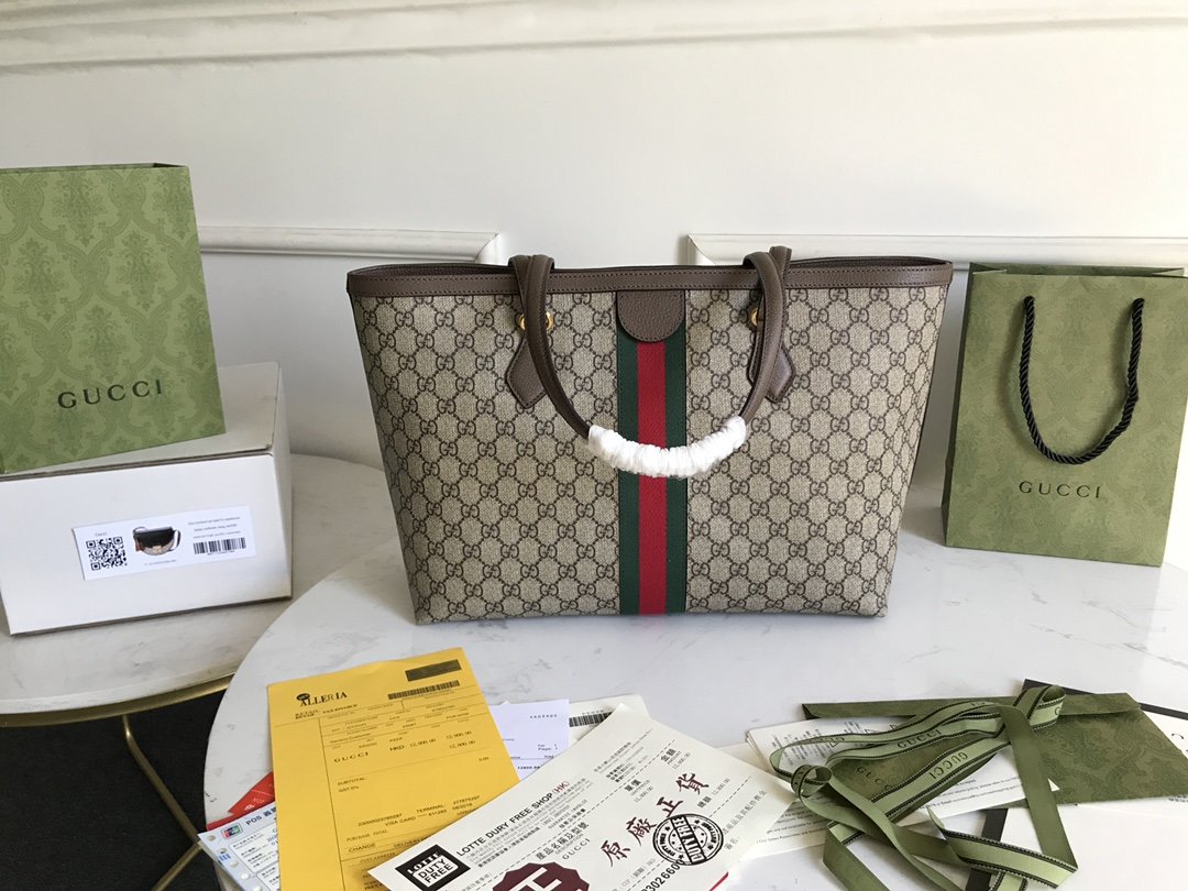 Gucci Ophidia GG Medium Tote Bag Beige/Ebony GG Supreme Canvas And Brown For Women 15in/38cm 631685 96IWB 8745