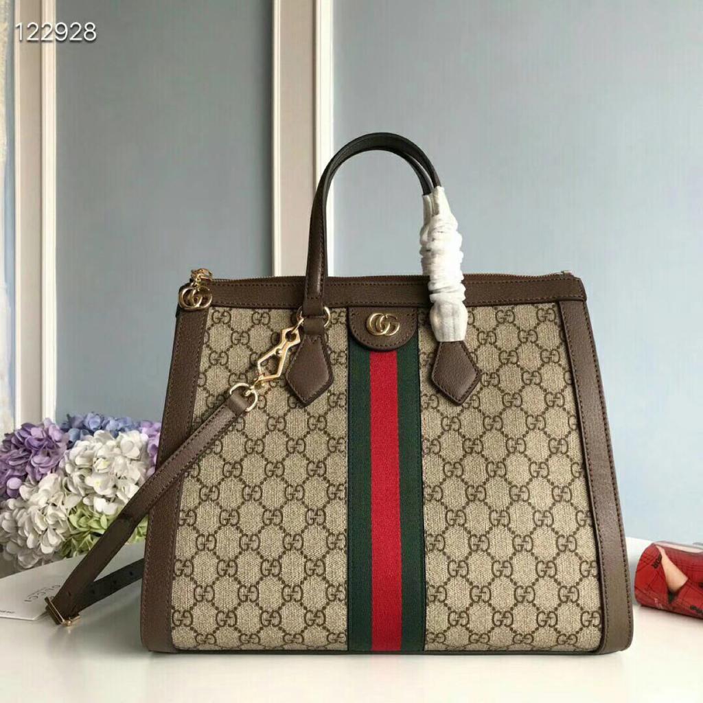 Gucci Ophidia GG Medium Tote Bag Beige/Ebony GG Supreme Canvas With Brown For Women 13in/33cm