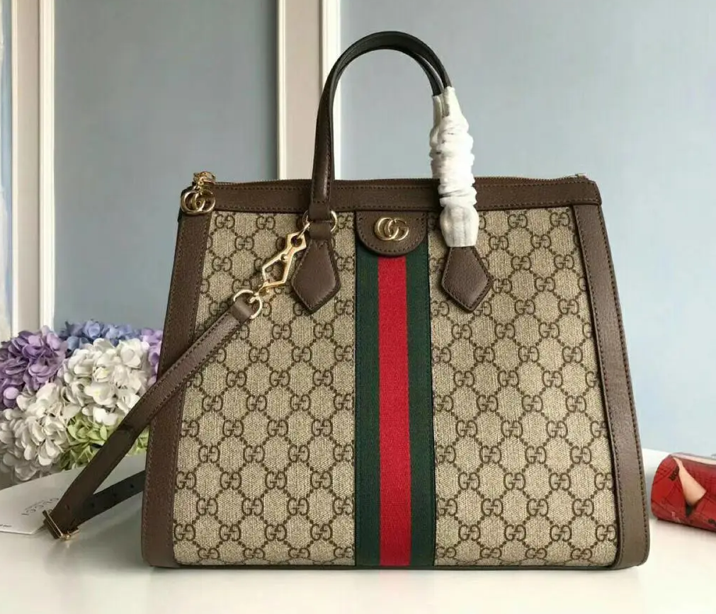 Gucci Ophidia GG Medium Tote Bag Beige/Ebony GG Supreme Canvas With Brown For Women 13in/33cm