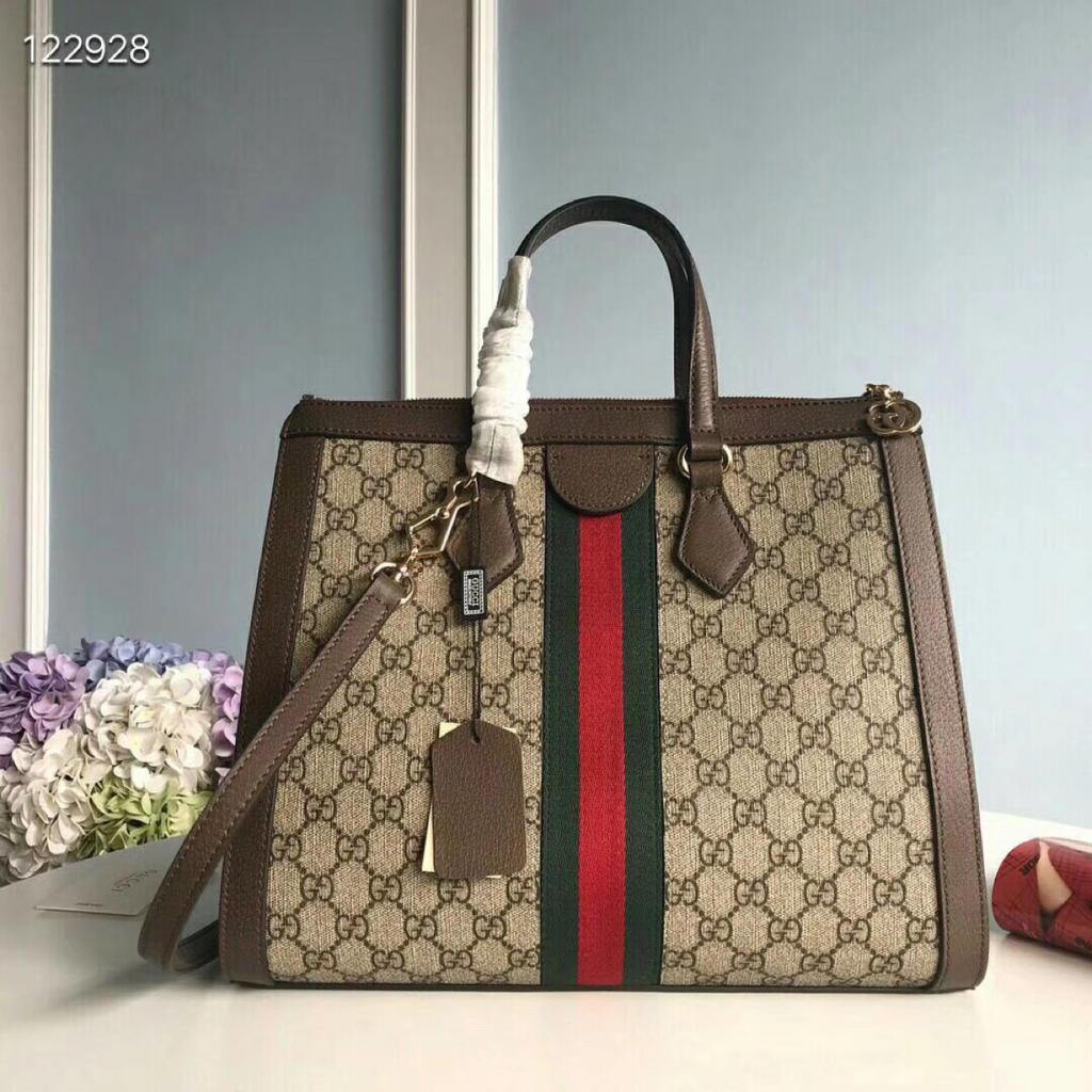 Gucci Ophidia GG Medium Tote Bag Beige/Ebony GG Supreme Canvas With Brown For Women 13in/33cm