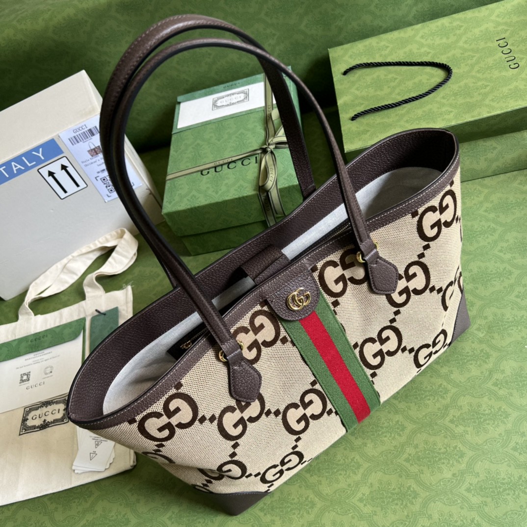 Gucci Ophidia Jumbo GG Medium Tote Camel And Ebony Jumbo Canvas For Women 15in/38cm 631685 UKMDG 2570