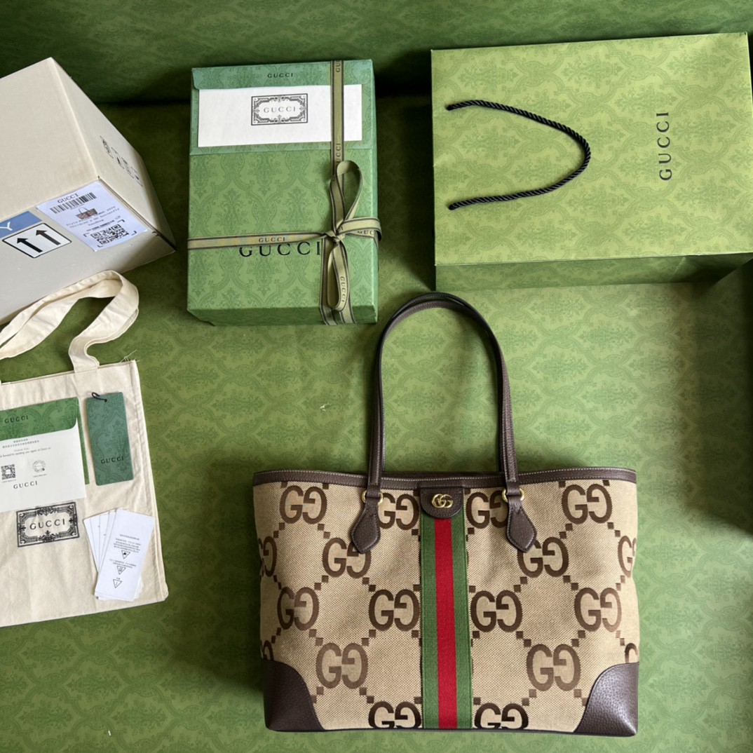 Gucci Ophidia Jumbo GG Medium Tote Camel And Ebony Jumbo Canvas For Women 15in/38cm 631685 UKMDG 2570