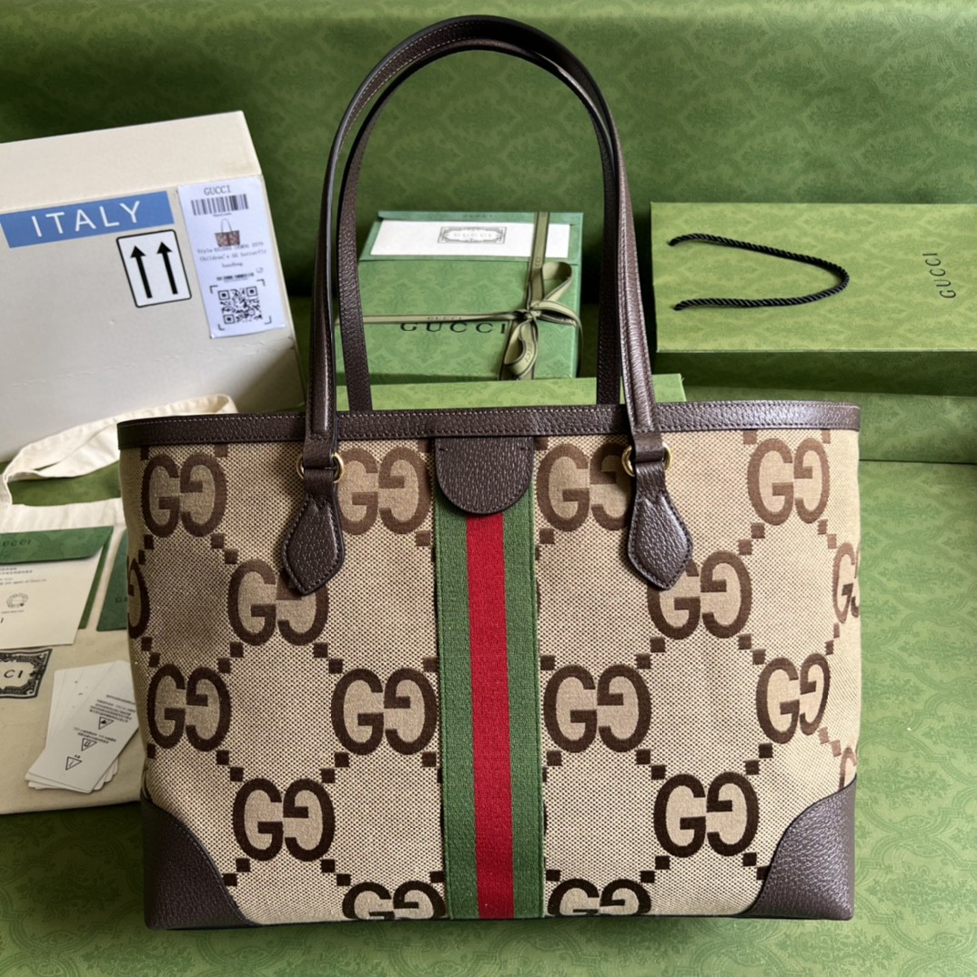 Gucci Ophidia Jumbo GG Medium Tote Camel And Ebony Jumbo Canvas For Women 15in/38cm 631685 UKMDG 2570