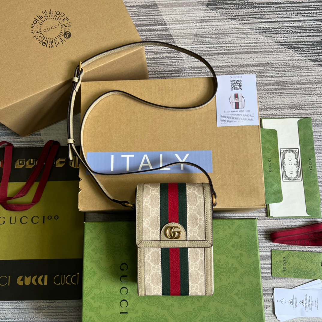 Gucci Ophidia Mini Bag Beige And White GG Supreme Canvas For Women  7in/17.5cm GG 